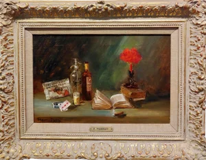 F. Markey-Still Life W/ Cigar,Newspaper,Bourbon & Soda-Oil Painting