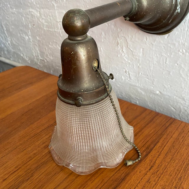 Antique Industrial Steel Wall Sconce With Holophane Glass Shade For Sale - Image 4 of 12