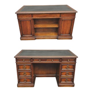 1 / 14 1965 Sligh Lowry Distressed Walnut and Tooled Leather Executive Desk Bookcase For Sale