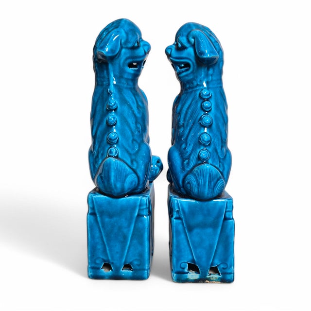 Ceramic Vintage Pair of Turquoise Glaze Chinese Foo Dogs For Sale - Image 7 of 10
