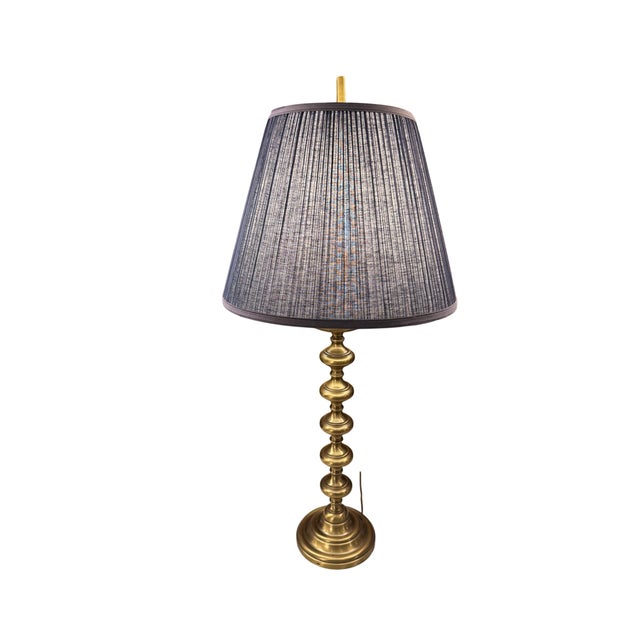 Mid 20th Century Mid 20th Century Leviton Brass Spindle Lamps With Navy Shades - a Pair For Sale - Image 5 of 8