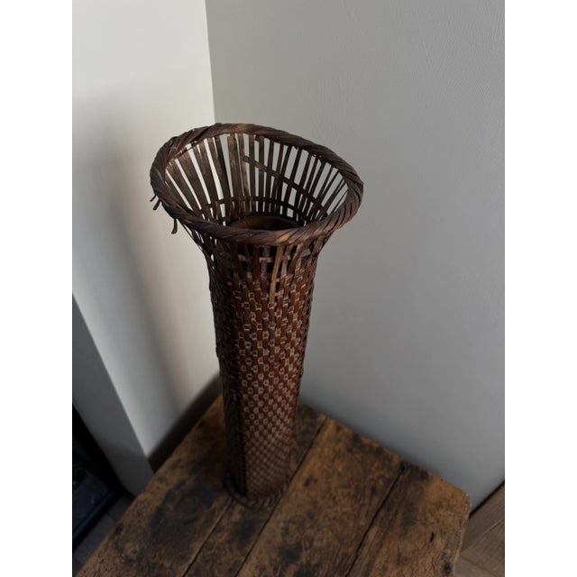 Wood Antique Cylindrical Tall Japanese Woven Rattan Vase For Sale - Image 7 of 10