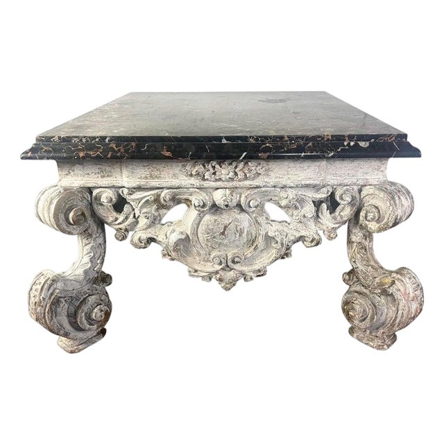 Monumental Painted Rococo Style Coffee Table W/ Marble Top For Sale