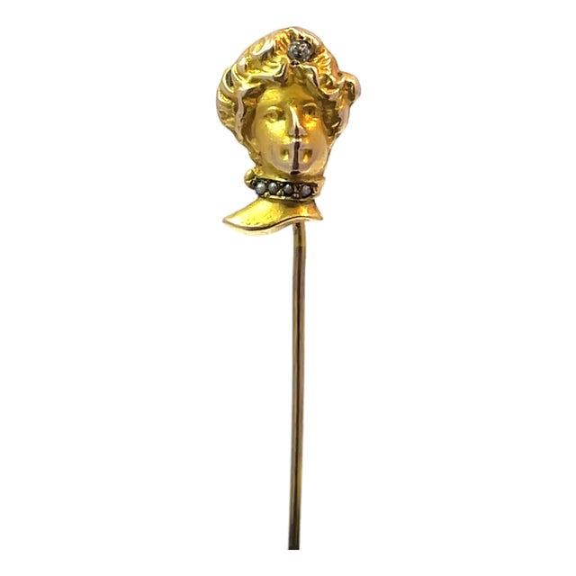 Mid 20th Century Solid Yellow Gold Lady Face Stickpin With Seed Pearls & Diamond Accent For Sale