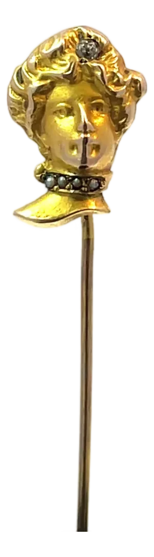 Mid 20th Century Solid Yellow Gold Lady Face Stickpin With Seed Pearls & Diamond Accent