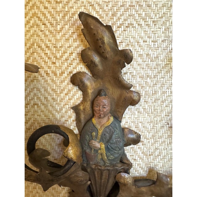 Pair of Vintage Chinoiserie Figural Gilt Metal Candle Wall Sconces For Sale In Philadelphia - Image 6 of 12
