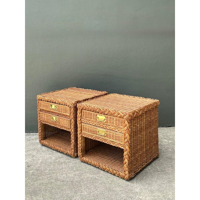 Boho Chic Vintage Braided Rattan Nightstands - A Pair For Sale - Image 3 of 14