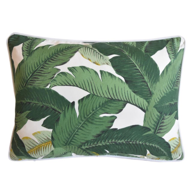 Custom-made pillow by Mike Seratt of The Prized Pig in an iconic tropical banana leaf print fabric. White velvet back....