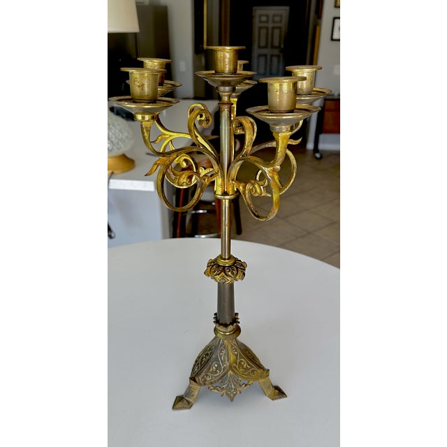 Single Antique Gothic Revival Brass 6 Light Candelabra For Sale - Image 18 of 18