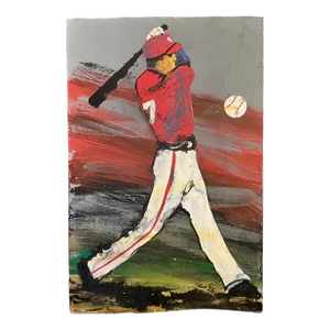 Early 1990's Brilliant in Color Original Baseball Signed Painting on Wood