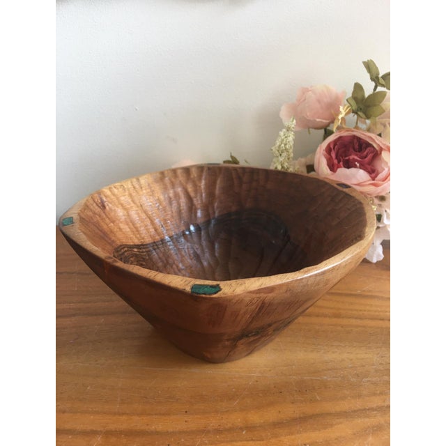 Brown Moroccan Hand-Carved Walnut & Gemstone Salad Bowl For Sale - Image 8 of 8