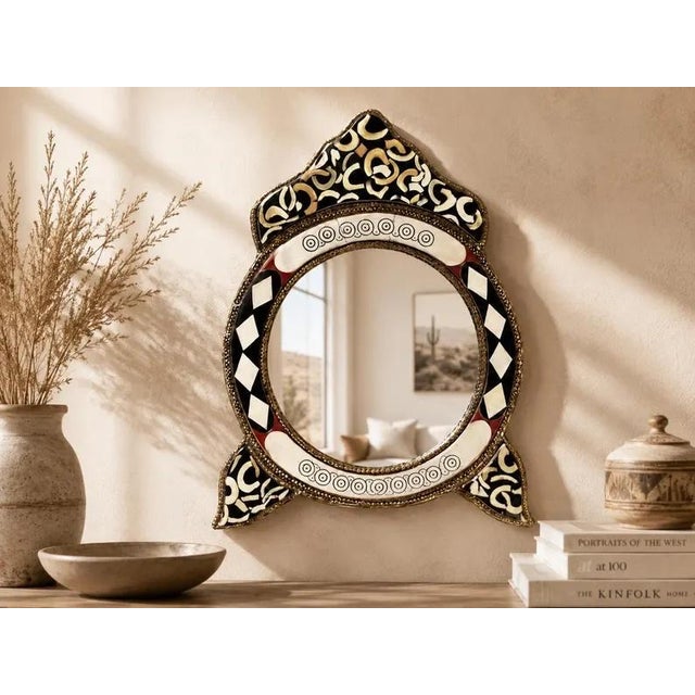 Vintage-style handcrafted wall mirror featuring an intricate inlay pattern set into a solid wooden frame. This decorative...
