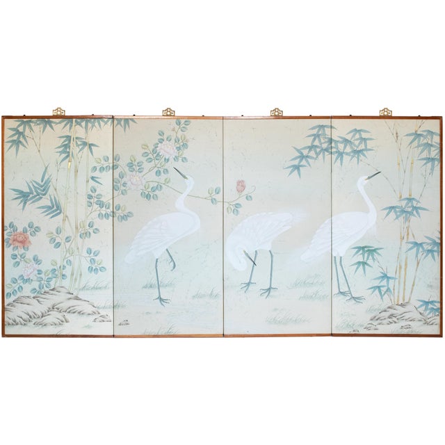 C. 1970s Chinoiserie Silk Screen "Egrets, Bamboo and Peonies" For Sale - Image 18 of 18