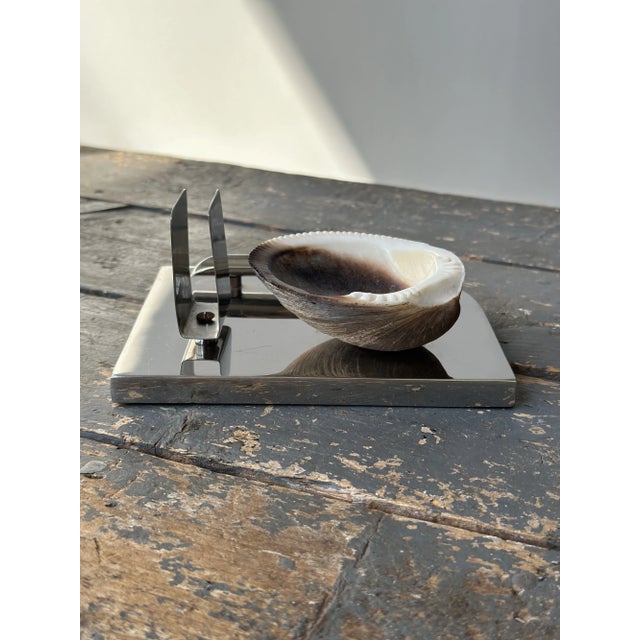 Rare Vintage Art Deco Mounted Natural Clam Shell + Chrome Cigar Tray, Circa 1930s For Sale - Image 14 of 16