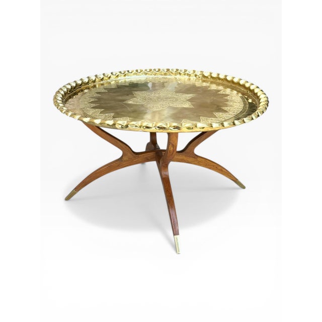 Wood Mid 20th Century Moroccan Hammered Brass & Teak "Spider Leg" Tray Table For Sale - Image 7 of 17