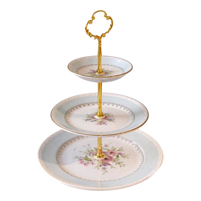 Vintage Three Tier Porcelain Dessert Stand With Gold Handle For Sale