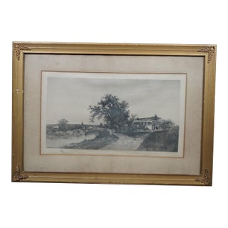Antique Ernest C Rost Signed Home of Henry Longfellow Etching 34" For Sale