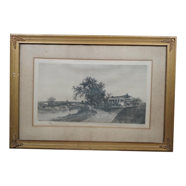 Antique Ernest C Rost Signed Home of Henry Longfellow Etching 34" For Sale