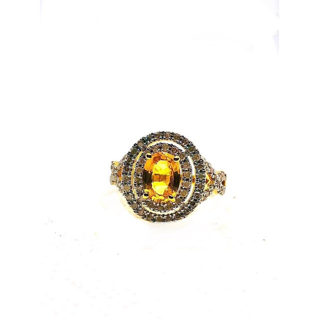 Art Deco Bochic “Orient” Vintage Yellow Sapphire & Cognac Diamond Ring Set In 18K Gold & Silver For Sale - Image 3 of 13