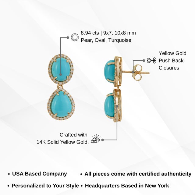 8.94ct Sleeping Beauty Turquoise Drop Earrings With Diamonds in 14k Gold- 2 Pieces For Sale - Image 11 of 14
