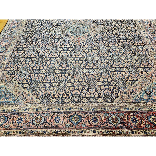 Antique Persian Tabriz Mahi Rug, Hand-Knotted Wool, Herati Geometric Pattern, Navy & Pale Red, 9x12 For Sale - Image 10 of 15