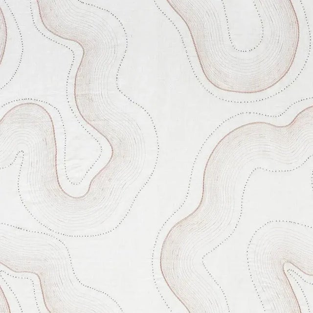 With irregular, curved forms, this abstract, undulating pattern is embroidered on a sheer linen ground and embellished...
