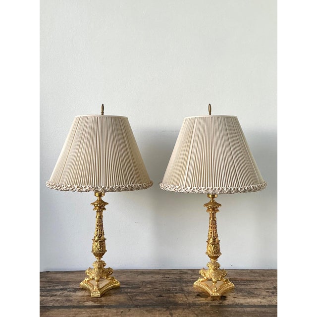 Neoclassical Vintage Empire Gilt Candlestick Lamps - A Pair For Sale - Image 3 of 12