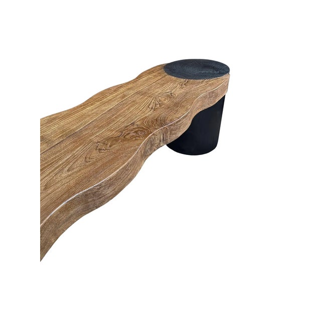 Wood Modern Organic Sculptural Teak Wood Bench in Burnt & Natural Finish For Sale - Image 7 of 8