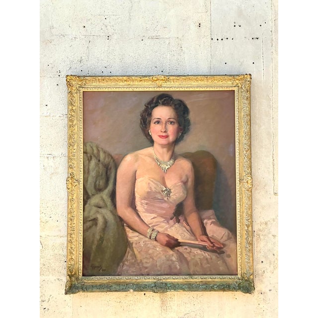 1950s Vintage Regency Original Oil Portrait on Canvas For Sale - Image 5 of 10