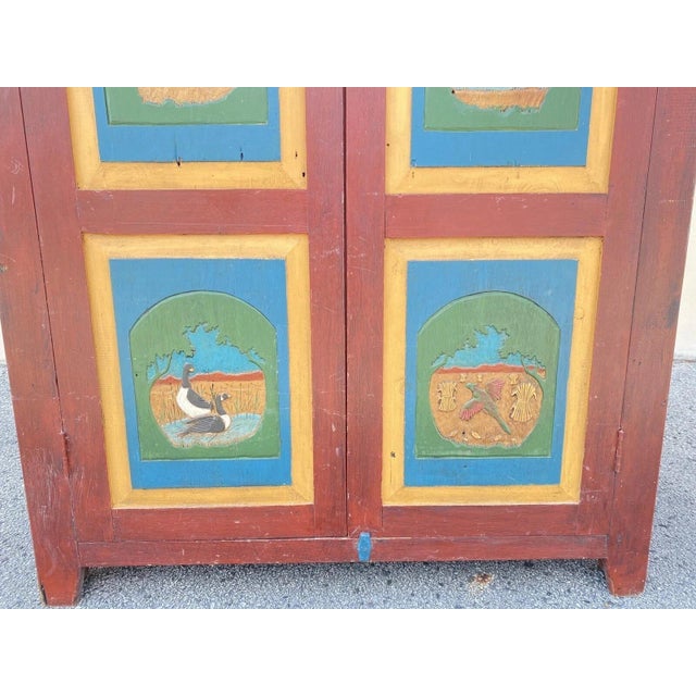 Late 20th Century Country Farmhouse Red & Blue Forest Carved Wardrobe Tv Entertainment Cabinet For Sale - Image 4 of 12
