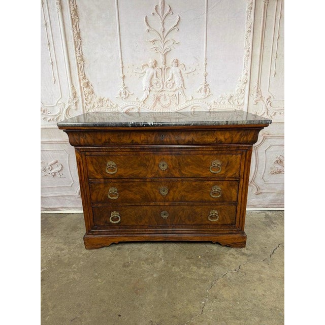 Mid 19th Century Antique French Louis Philippe Burl Walnut Commode-Marble Top For Sale - Image 5 of 15