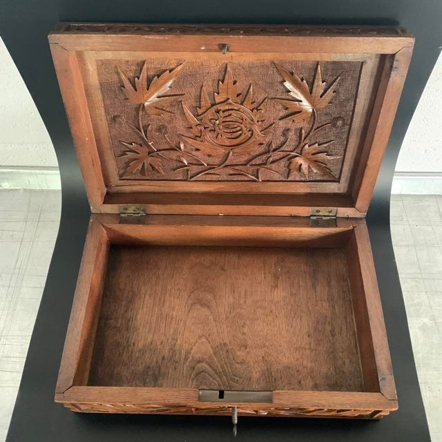19th Century Antique Kashmiri Hand-Carved Monogrammed Walnut Box With Original Key For Sale - Image 10 of 18