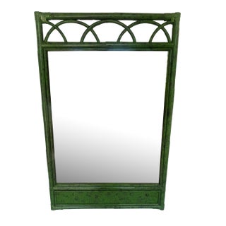 Vintage Palm Beach Coastal Green Faux Tortoiseshell Rattan Wall Mirror – Newly Painted For Sale