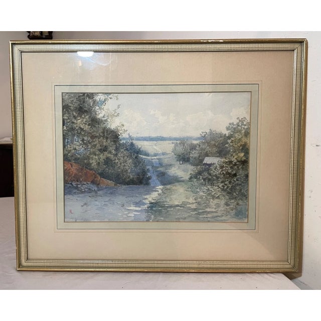 Paint Antique Original Landscape Farm Trail Realism Watercolor Painting Country Art Nl For Sale - Image 7 of 13