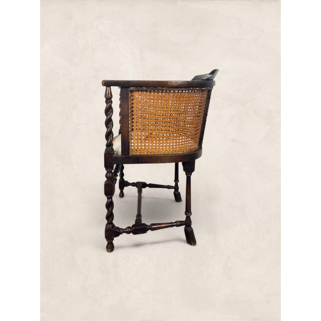 English Antique English Oak Caned Tub Chair With Floral Needlepoint Seat, Circa 1910 For Sale - Image 3 of 9