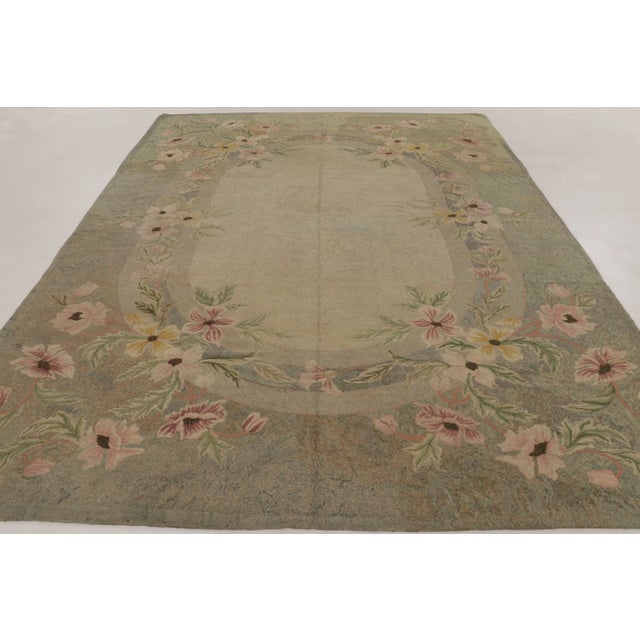 Antique Hooked Rug With Oval Medallion & Pastel Florals in Green - Rug & Kilim For Sale In New York - Image 6 of 11