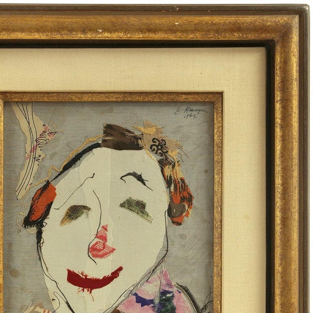 Ella Raayoni, Torn Fabric Collage Dada "Clown Face" Mid Century Modern Israeli For Sale - Image 4 of 4