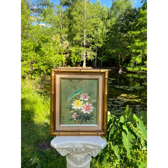 Asian Antique Vintage Asian Original Blue Bird & Flowers Painting - Signed For Sale - Image 3 of 3