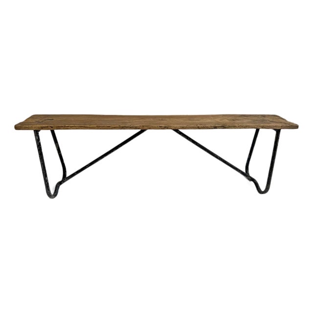 Vintage Rustic Industrial Wood & Iron School Bench For Sale