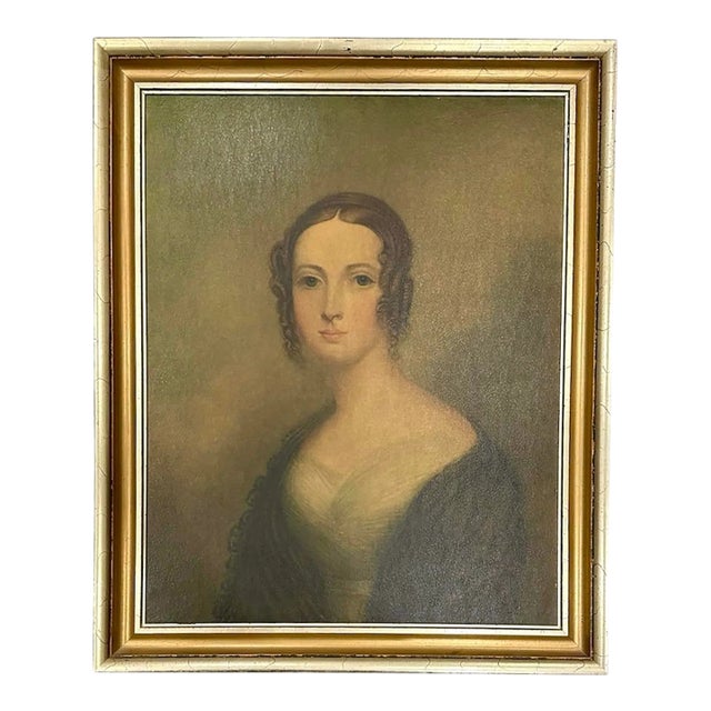 Vintage Gilt Framed Portrait Painting Print on Board of a 19th Century Woman Titled "Unknown Portrait of a Lady" by Thomas Hargrave For Sale