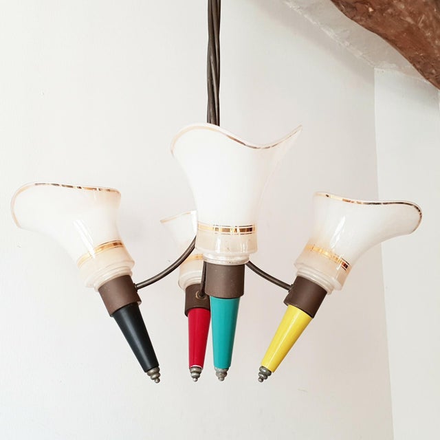 Metal Vintage Glass, Brass and Steel Ceiling Light, 1950s For Sale - Image 7 of 7