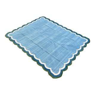 Not Yet Made - Made To Order Handmade Cotton Vegetable Dyed Scalloped Edge Rug Sky Blue With Forest Green Border - 10'x14' For Sale