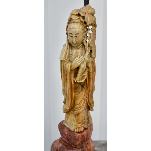 1910s Antique Carved Soapstone Lamp of the Goddess Guanyin on Ornate Brass Base For Sale - Image 5 of 12