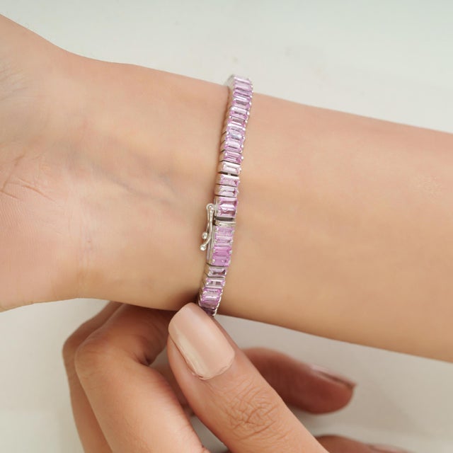 Pink Baguette Cut 10.47 Ct Pink Sapphire Linear Tennis Bracelet for Valentine in Silver, 7 Inch For Sale - Image 8 of 14
