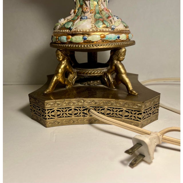 White Rare Vintage Capodimonte Italy Hand Painted Art Pottery Pitcher Shape Table Lamp For Sale - Image 8 of 11