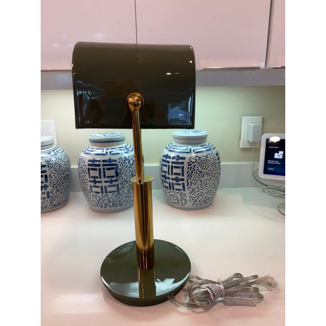 Contemporary Army Green Lacquer Brass Modern Banker Desk Lamp For Sale - Image 10 of 16