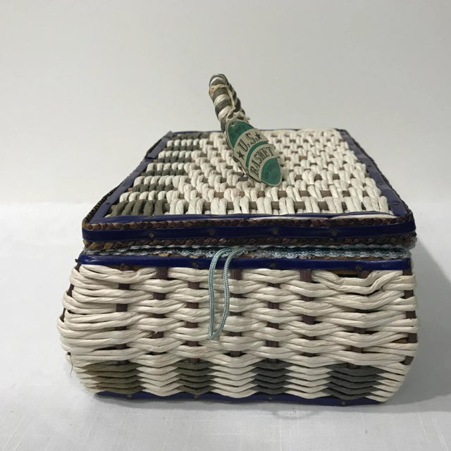 Small Vintage Blue and White Sewing Basket For Sale - Image 4 of 13