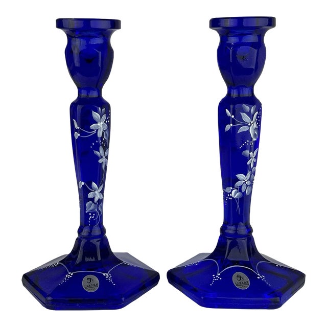 Vintage Fenton Glass Cobalt Blue White Hand Painted Flowers Candle Sticks Signed-Set of 2 For Sale
