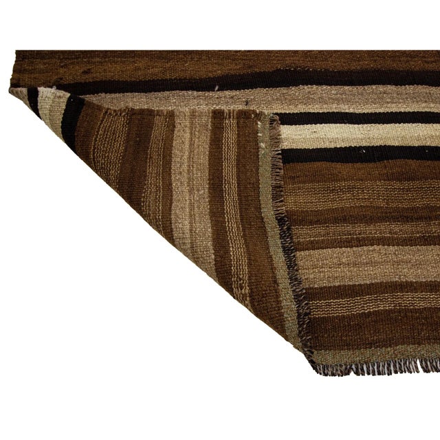 Mid 20th Century 1960s Vintage Striped Brown Natural Kilim Runner- 3′11″ × 11′1″ For Sale - Image 5 of 7