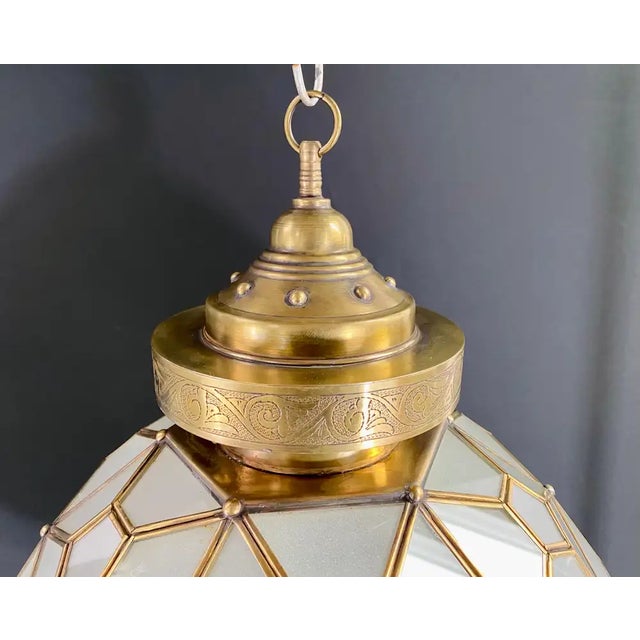 Art Deco Style Globe White Milk Glass & Brass Pendant Chandelier Lantern For Sale - Image 4 of 15